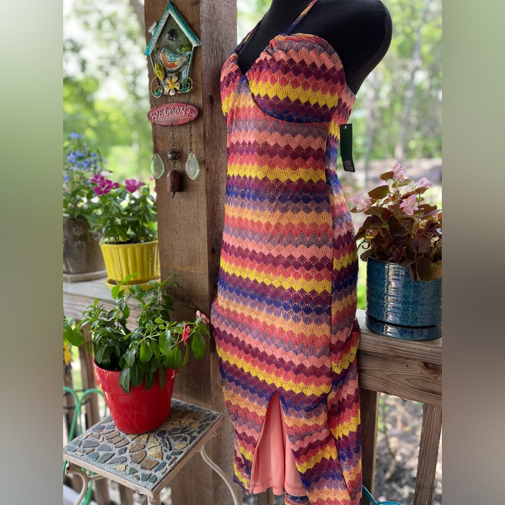 Wild Fable Halter Multi-Color Lace Overlay Strappy Backside Maxi Dress NWT M - Picture 5 of 9